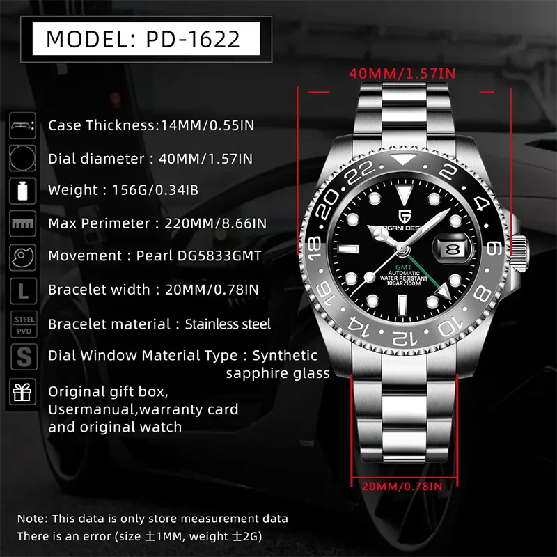 Pagani Design GMT Automatic Black-Gray Bezel Men's Watch- PD-1662